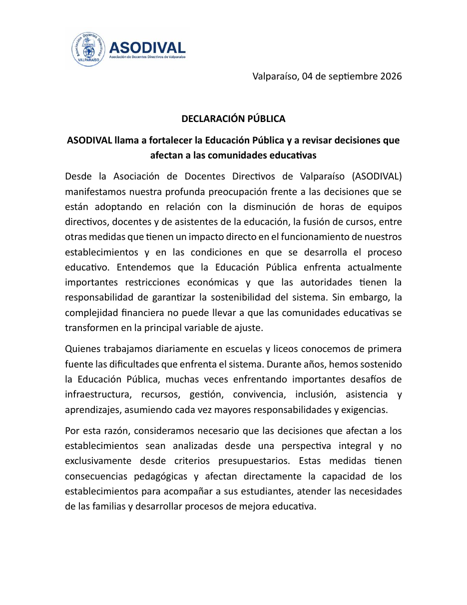 Primera página de la Declaración Pública de ASODIVAL del 4 de septiembre de 2026