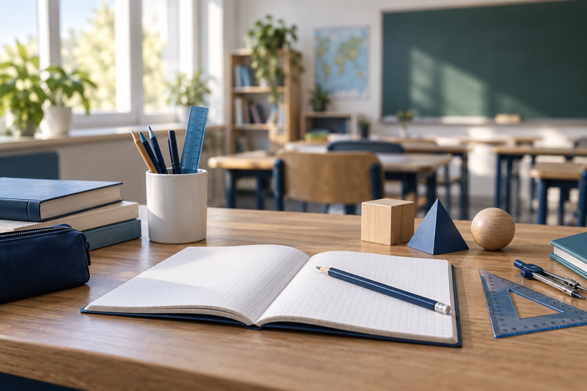 Cuaderno y materiales de aprendizaje sobre una mesa, con una sala de clases al fondo.